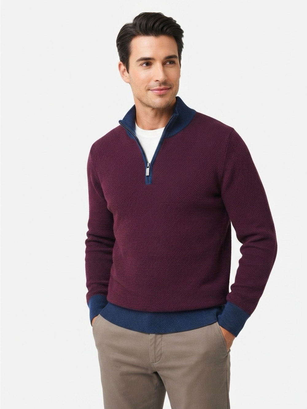 UNTUCKit Marvall Quarter Zip Sweater Micro Knit Merino Wool Syrah Regular